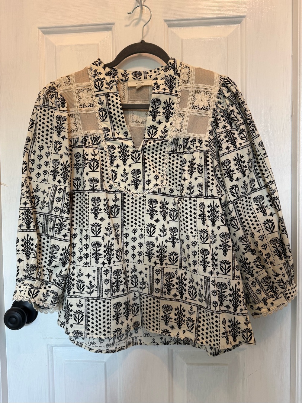 entro Black and Cream Floral Patchwork Peasant Blouse